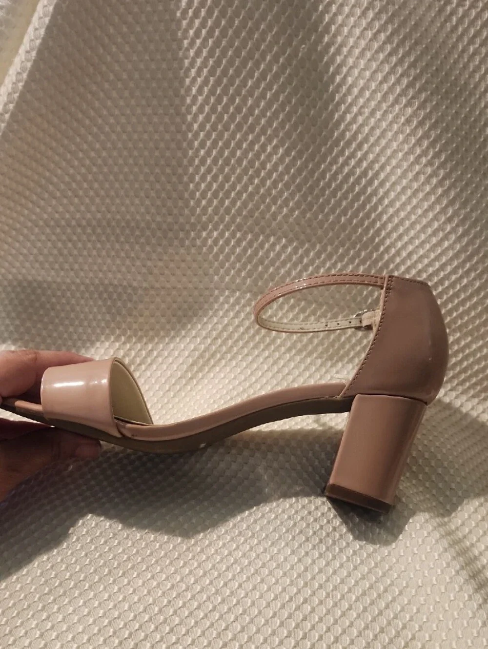 Anne Klein Blush Patent Ankle-Strap Block Heels